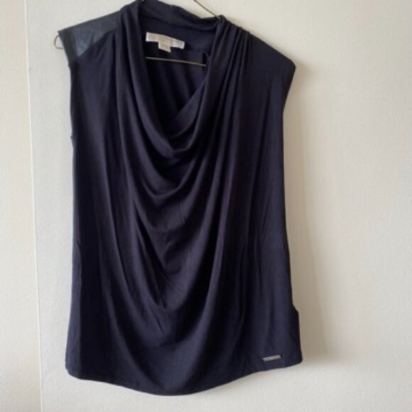 Michael Kors Black Sleeveless Cowl Neck Blouse with Leather Shoulder Detail - Picture 11 of 12